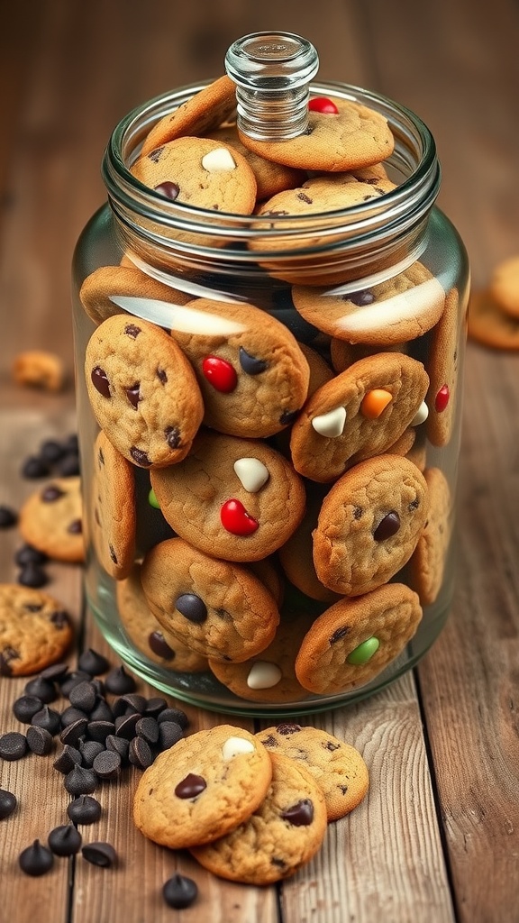 A clear cookie jar filled with assorted cookies on a rustic wooden table.